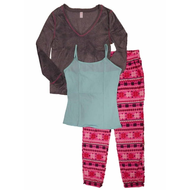 Junior Womens Gray Pink Snowflake 3 Piece Fleece Pajamas Sleep Set with Camisole Large