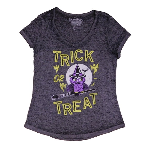 Junior Womens Gray Semi-Sheer Trick or Treat T-Shirt Halloween Owl Tee Large