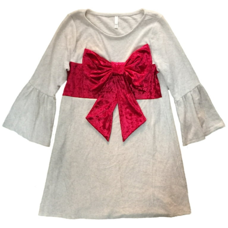 Junior Womens Ivory & Red Velvet Bow Holiday Dress Ugly Christmas Outfit 