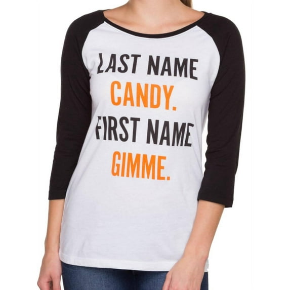 Junior Womens Last Name Candy First Name Gimme Halloween Baseball Tee Shirt XL