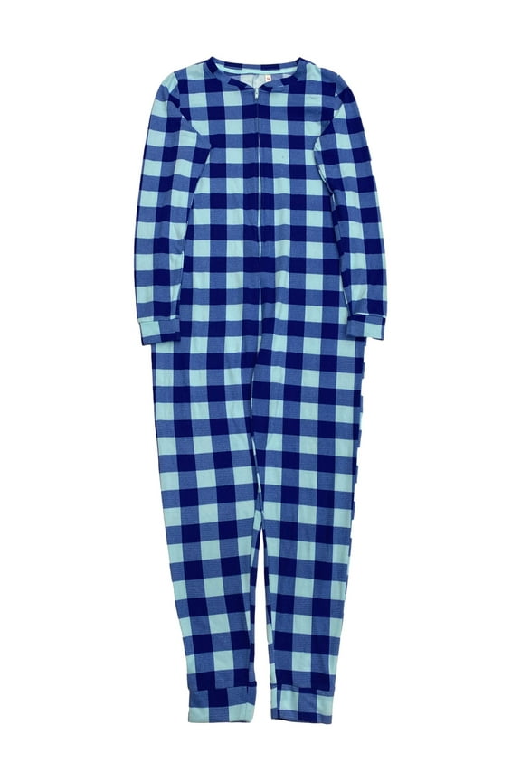 Junior Womens Lightweight Blue Plaid One-Piece Union Suit Sleeper Pajamas XL