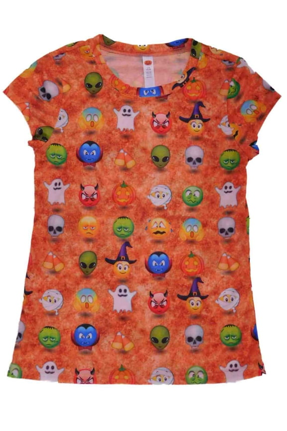Junior Womens Orange Halloween Emoji T-Shirt Ghost Witch & Pumpkin Tee Top Large