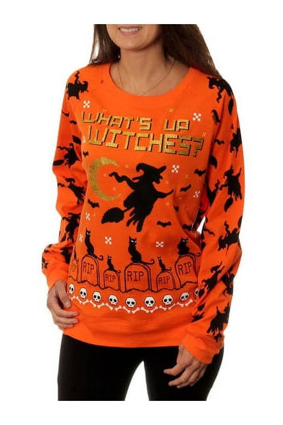 Junior Womens Orange Whats Up Witches Halloween Sweatshirt Bat & Cat Top Medium