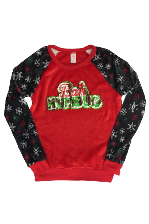 Junior Womens Plush Red Bah Humbug Sequin Christmas Holiday Sweater Top M