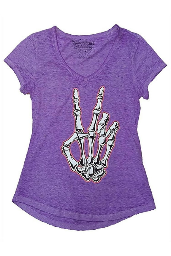 Junior Womens Purple Semi-Sheer Bony Finger T-Shirt Halloween Skeleton Medium