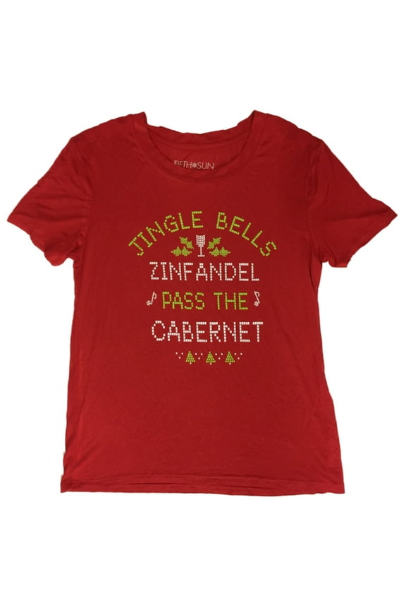 Junior Womens Red Jingle Bells Holiday Christmas Shirt Zinfandel Wine Tee XL