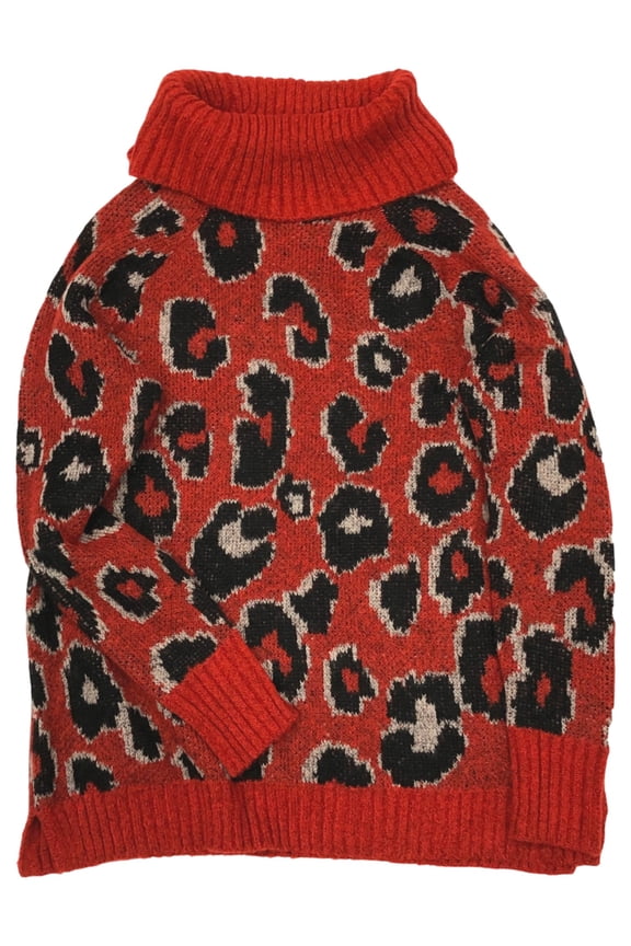Junior Womens Red Leopard Cheetah Print Cowl Neck Tunic Sweater Medium