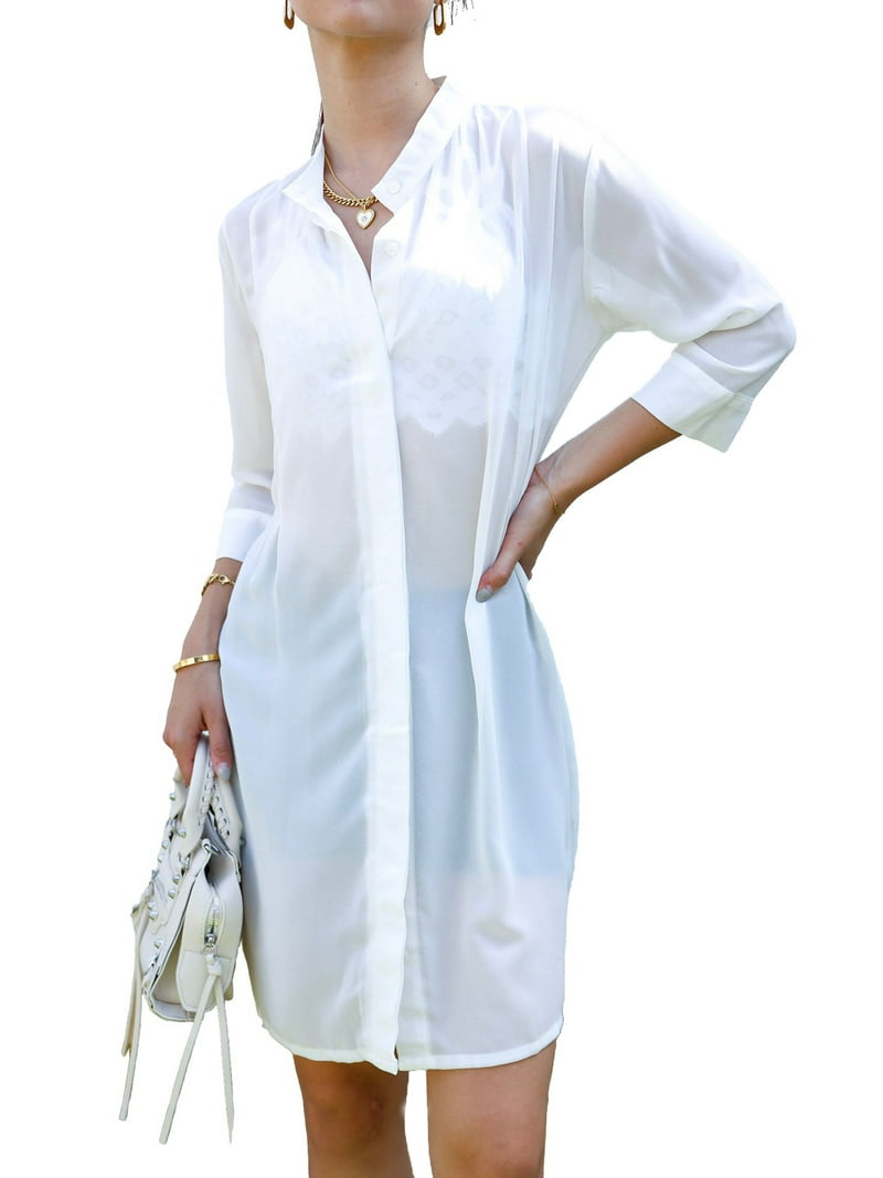Feinuhan Junior Womens Sheer Chiffon Long Tunic Blouse Dress Shirt, Off White, Large, Women's, Size: Small