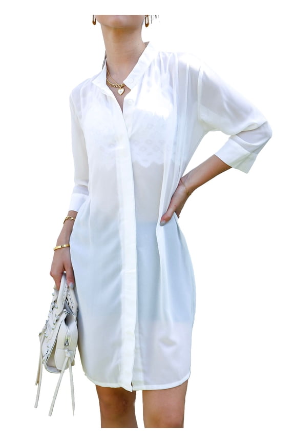Junior Womens Sheer Chiffon Long Tunic Blouse Dress Shirt, Off White, Medium