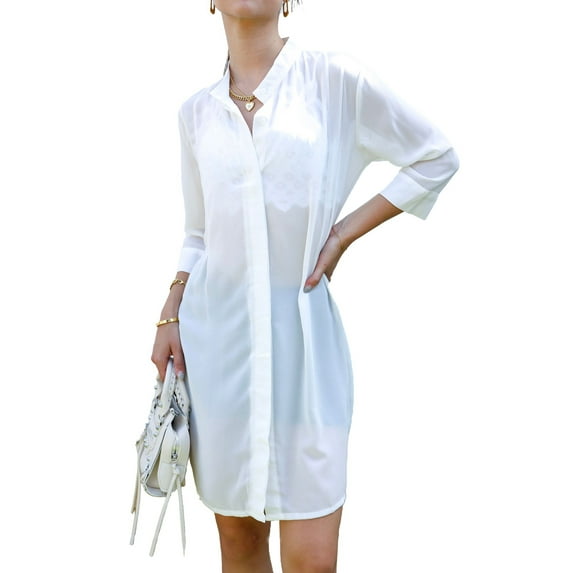 Junior Womens Sheer Chiffon Long Tunic Blouse Dress Shirt, Off White, X-Large