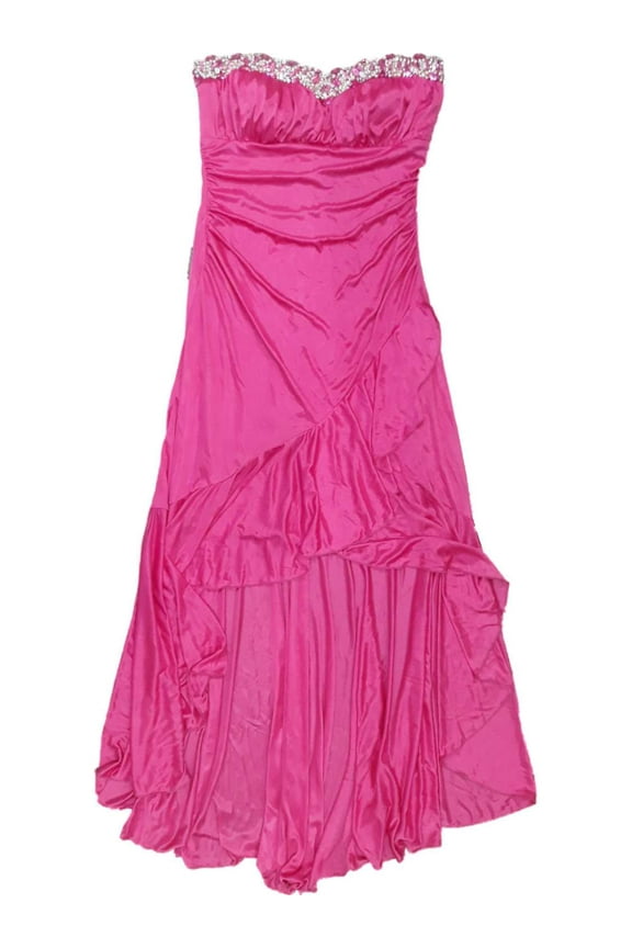 Junior Womens Silky Hot Pink Magenta Rhinestone Cocktail Evening Party Dress