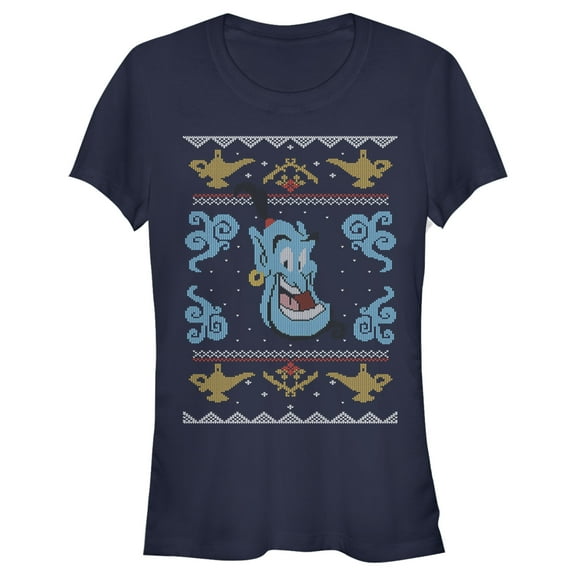 Junior's Aladdin Aladdin Genie Christmas Sweater  Graphic Tee Navy Blue Large