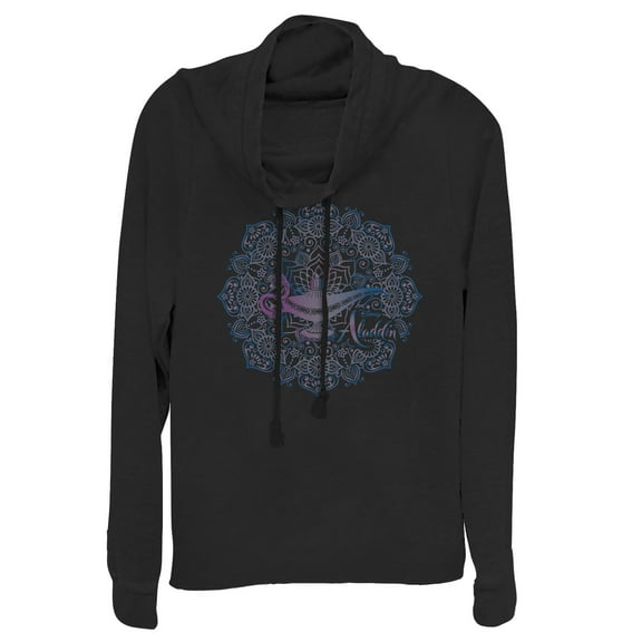 Junior's Aladdin Magical Lamp Mandala Symbol  Cowl Neck Sweatshirt Black Small