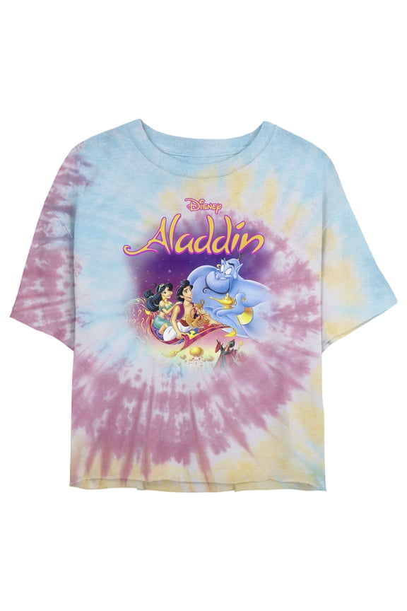 Junior's Aladdin Movie Poster With Genie Crop Graphic Tee Tie Dye X Large