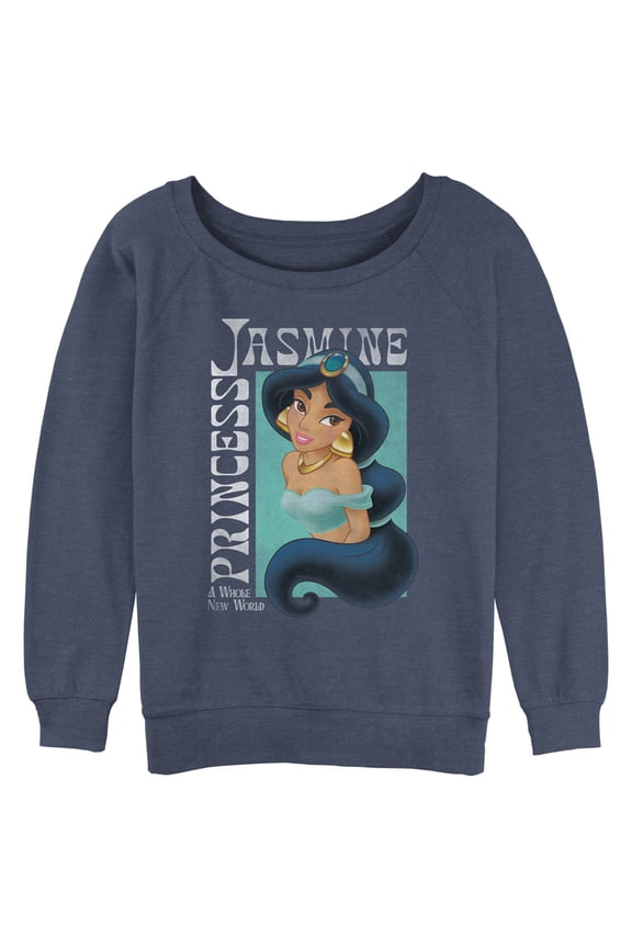 Junior's Aladdin Princess Jasmine A Whole New World Poster Sweatshirt Blue Heather Medium