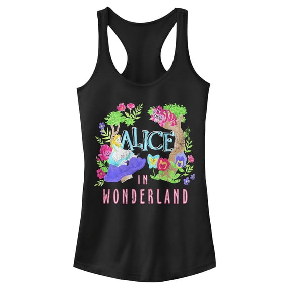 Junior's Alice in Wonderland Distressed Tulgey Wood Crew Racerback Tank Top Black Large