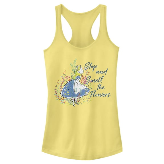 Junior's Alice in Wonderland Stop and Smell the Flowers  Racerback Tank Top Banana Large