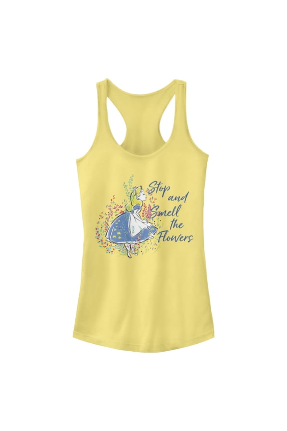 Junior's Alice in Wonderland Stop and Smell the Flowers Racerback Tank Top Banana X Small