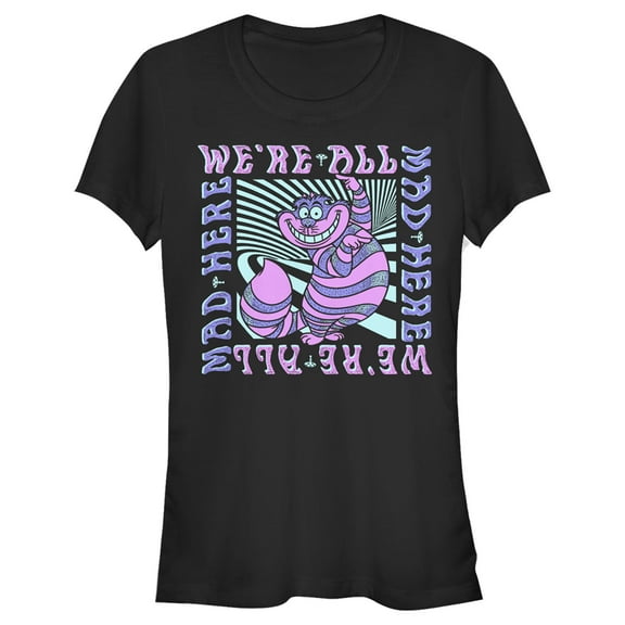 Junior's Alice in Wonderland We're All Mad Here, Cheshire Cat Graphic Tee Black X Large