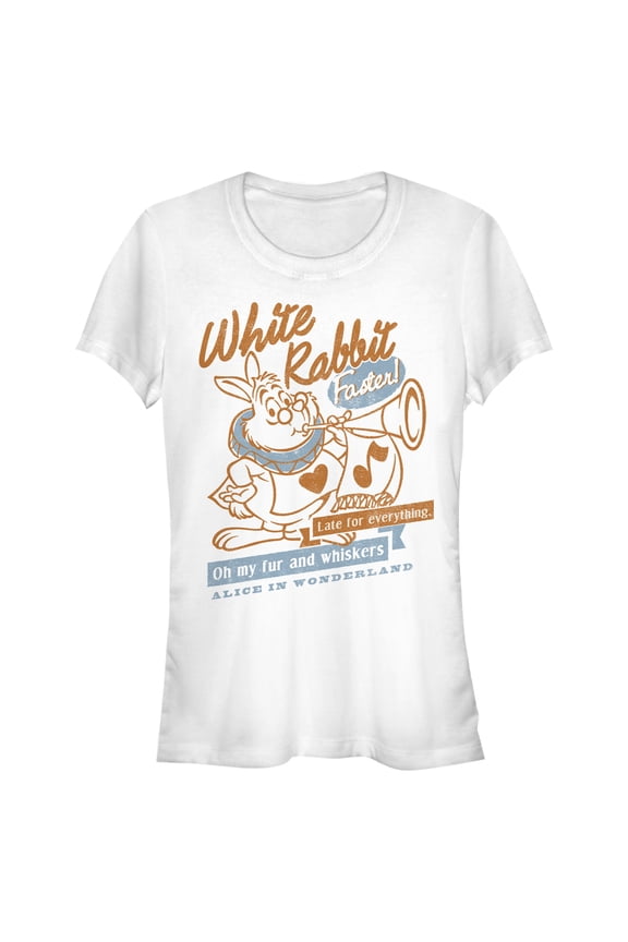 Junior's Alice in Wonderland White Rabbit Oh My Fur and Whiskers Graphic Tee White Medium