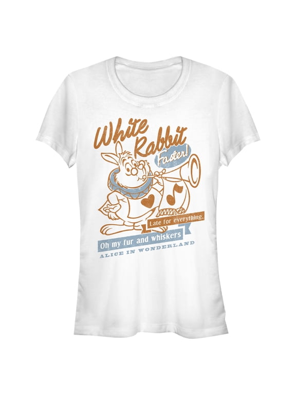 Junior's Alice in Wonderland White Rabbit Oh My Fur and Whiskers Graphic Tee White Small