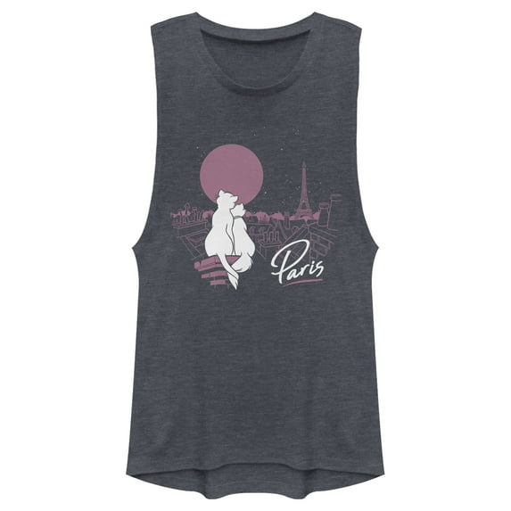 Junior's Aristocats Duchess and Thomas Love in Paris Festival Muscle Graphic Tee Denim Blue Heather Large