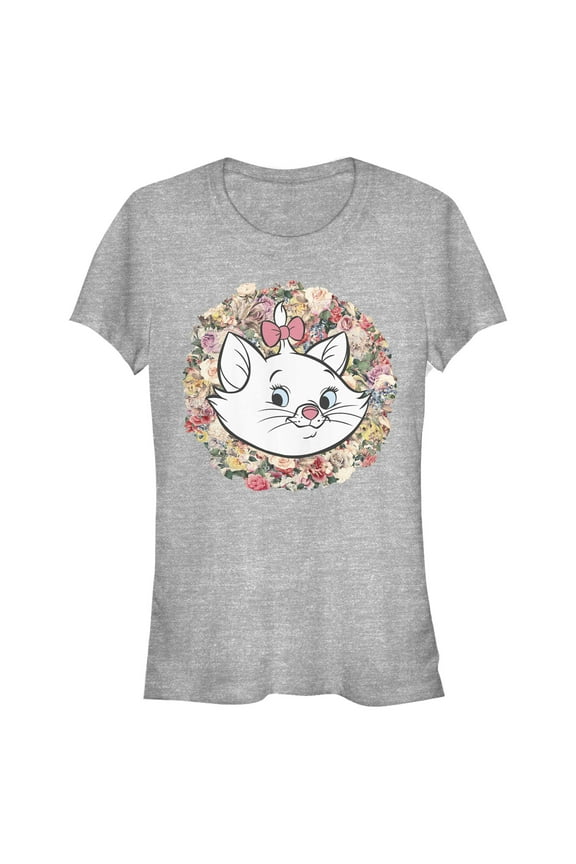 Junior's Aristocats Floral Marie White Kitten Graphic Tee Athletic Heather 2X Large
