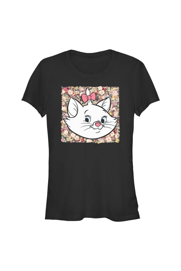 Junior's Aristocats Marie In A Bed Of Flowers Cuteness Stare Graphic Tee Black 2X Large