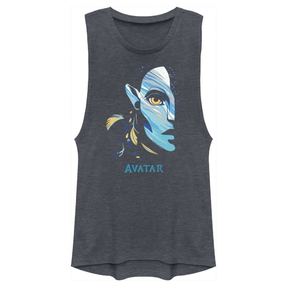 Junior's Avatar: The Way of Water Neytiri Face Logo  Festival Muscle Graphic Tee Denim Blue Heather Medium