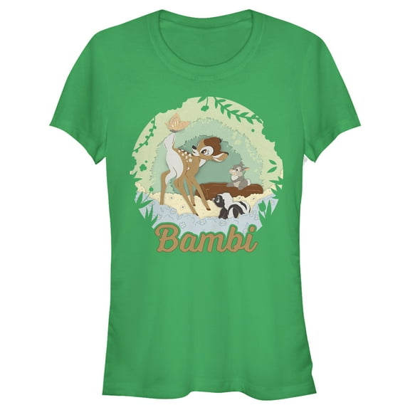 Junior's Bambi Cartoon Thumper & Flower with Butterfly  Graphic Tee Kelly Green Medium