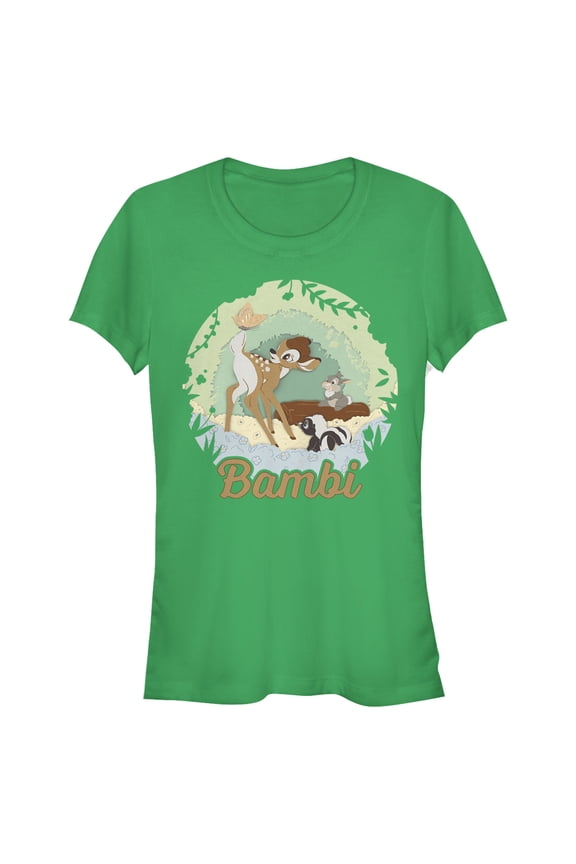 Junior's Bambi Cartoon Thumper & Flower with Butterfly Graphic Tee Kelly Green X Large