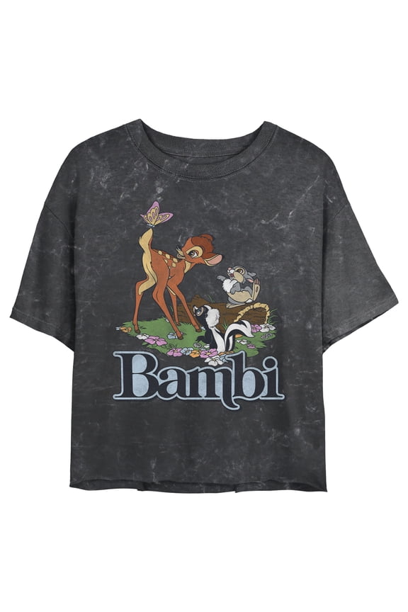 Junior's Bambi Distressed Classic Butterfly Scene Graphic Crop T-Shirt Black X Large