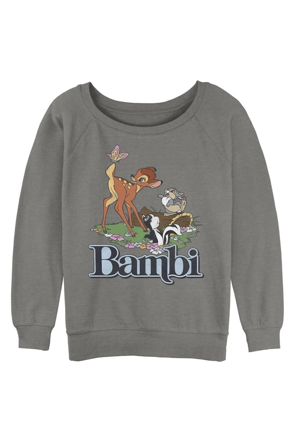 Junior's Bambi Distressed Classic Scene Sweatshirt Gray Heather Large