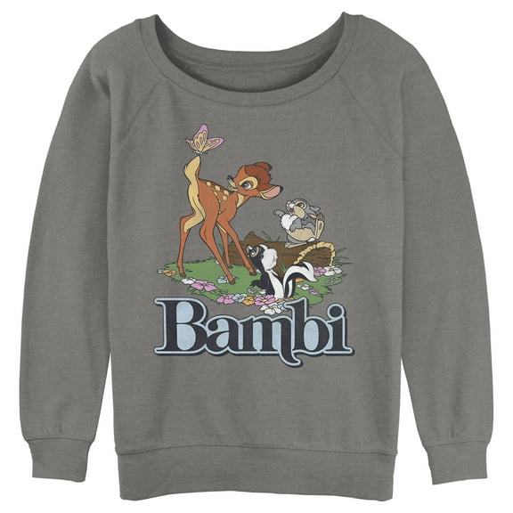 Junior's Bambi Distressed Classic Scene Sweatshirt Gray Heather Small