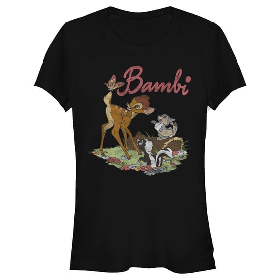 Junior's Bambi Flower, Thumper and a Butterfly Graphic Tee Black Large