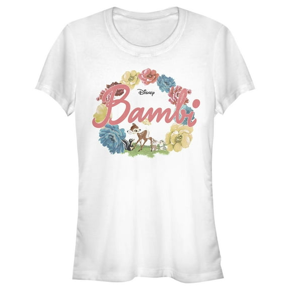 Junior's Bambi Flower in Floral Circle With Butterfly  Graphic Tee White Small