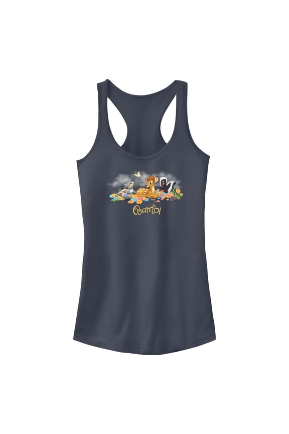 Junior's Bambi Friends Group Portrait  Racerback Tank Top Indigo Medium