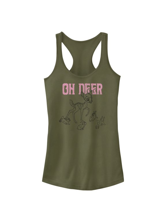 Junior's Bambi Oh Deer Group Racerback Tank Top Military Green Medium
