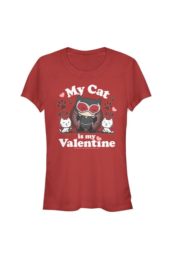 Junior's Batman Catwoman My Cat is My Valentine Graphic Tee Red 2X Large