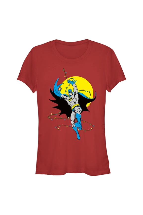 Junior's Batman Christmas Light Swing Graphic Tee Red Large