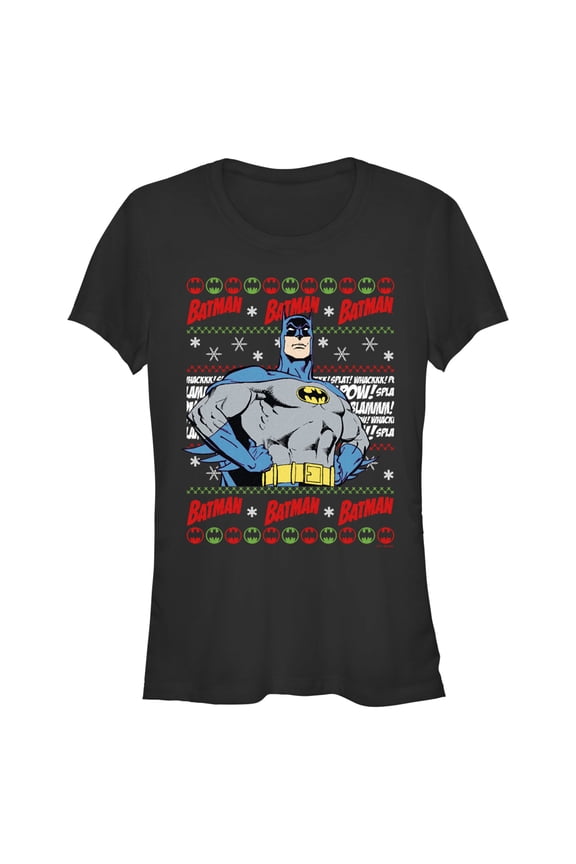 Junior's Batman Christmas Sweater Graphic Tee Black Large