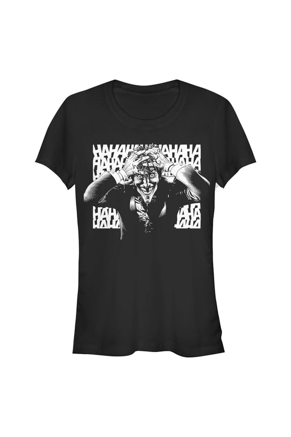 Junior's Batman Joker Hahaha Crazed Look Graphic Tee Black Large