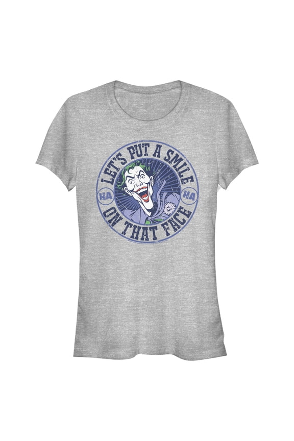 Junior's Batman Joker Let's Put a Smile On That Face Graphic Tee Athletic Heather Small