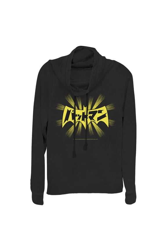 Junior's Batman Logo Kanji Characters Cowl Neck Sweatshirt Black Small