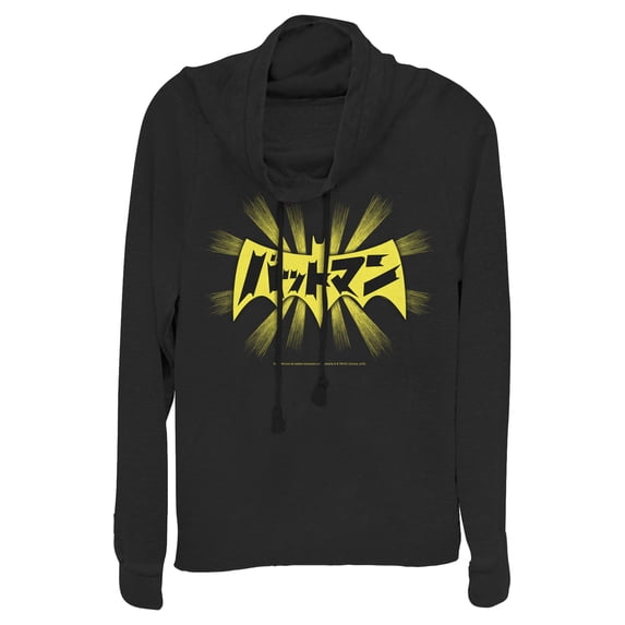 Junior's Batman Logo Kanji Characters Cowl Neck Sweatshirt Black X Small