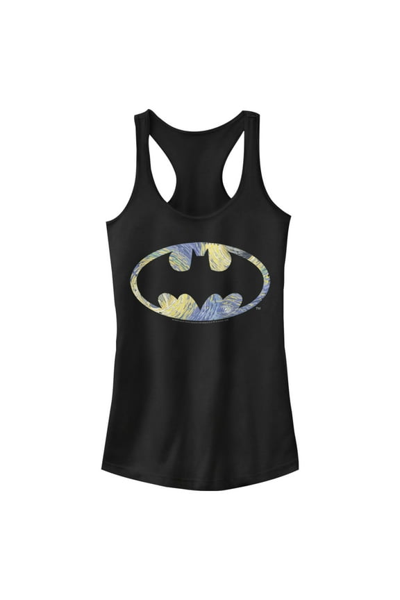 Junior's Batman Shield Logo Artistic Swirl Racerback Tank Top Black Large