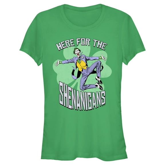 Junior's Batman St. Patrick's Day Joker Here for the Shenanigans  Graphic Tee Kelly Green Medium