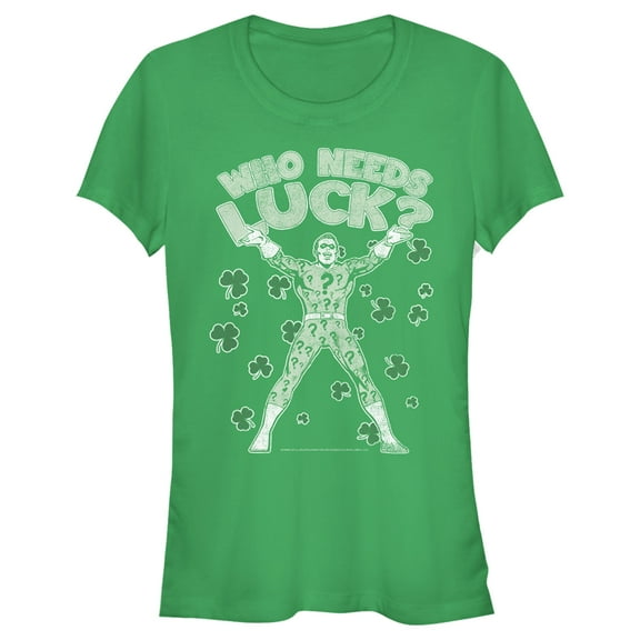 Junior's Batman St. Patrick's Day Riddler Who Needs Luck Distressed  Graphic Tee Kelly Green Large