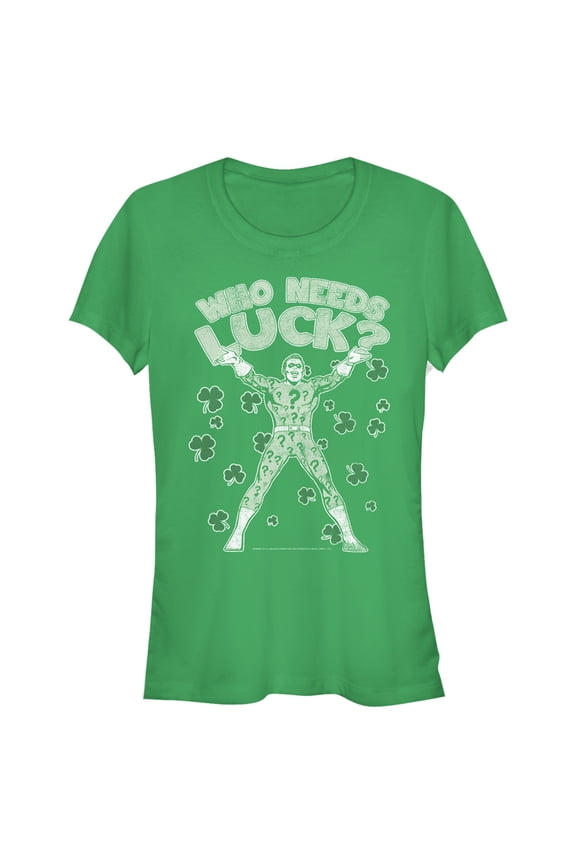 Junior's Batman St. Patrick's Day Riddler Who Needs Luck Distressed Graphic Tee Kelly Green Medium