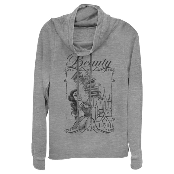 Junior's Beauty and the Beast Belle Book Tower Cowl Neck Sweatshirt Gray Heather Small